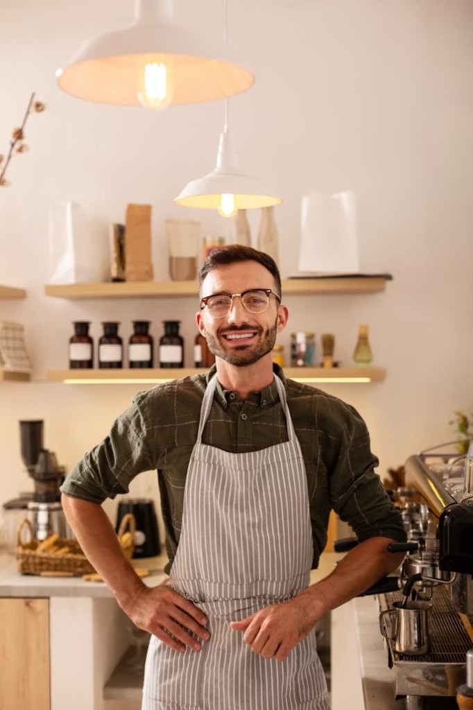 Local shop owner in a cafe